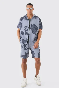 Oversized Paisley Tonal Printed Pleated Shirt & Short Set | BoohooMAN UK