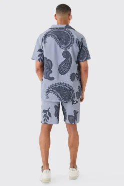 Oversized Paisley Tonal Printed Pleated Shirt & Short Set | BoohooMAN UK