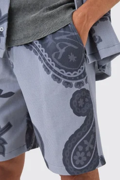 Oversized Paisley Tonal Printed Pleated Shirt & Short Set | BoohooMAN UK