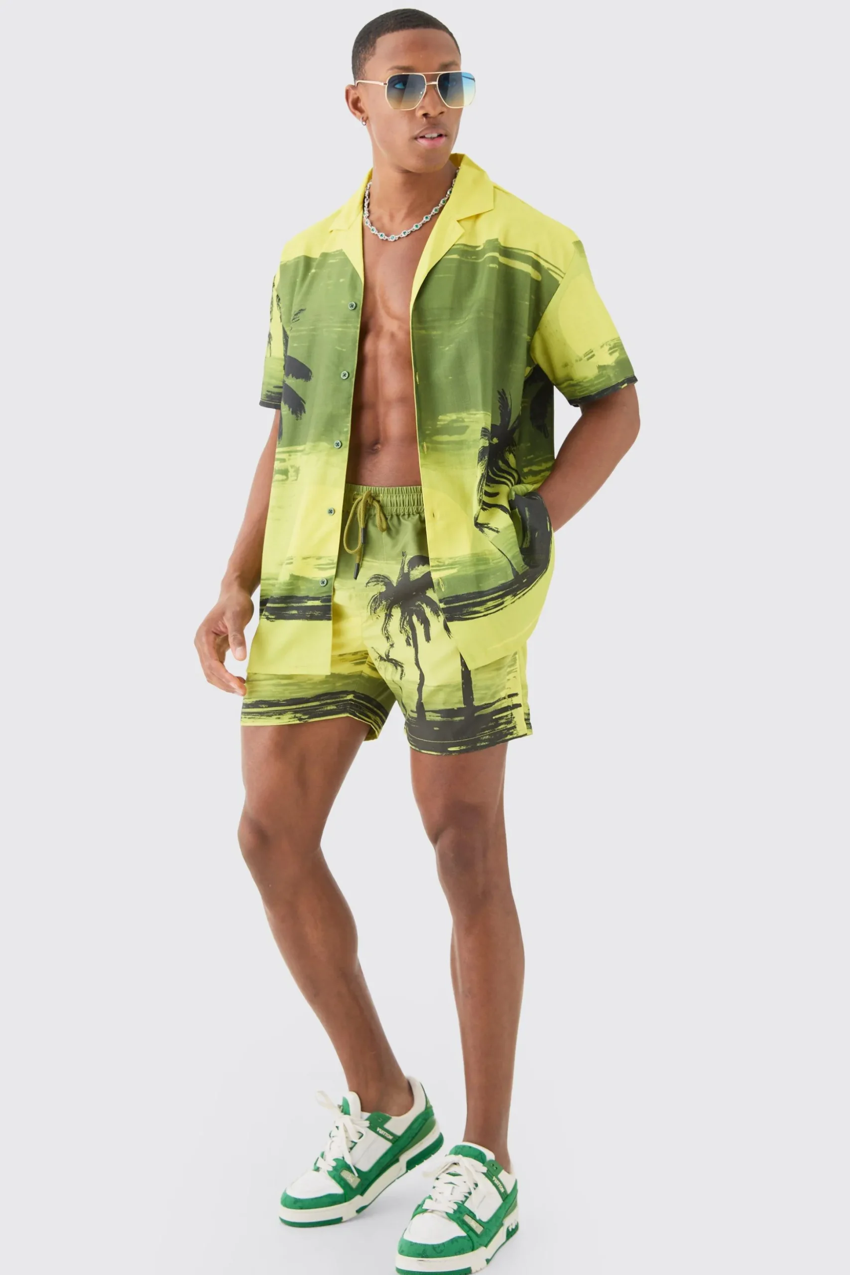 Oversized Palm Shirt & Swim Short Set | BoohooMAN UK