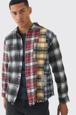 Oversized Patchwork Bleach Wash Check Shirt | BoohooMAN UK