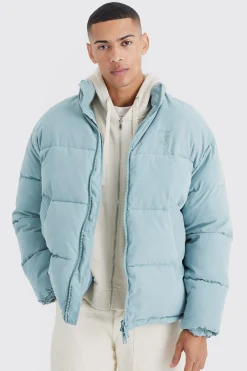 Oversized Peached Nylon Embroidered Puffer | BoohooMAN UK