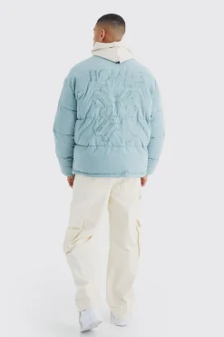 Oversized Peached Nylon Embroidered Puffer | BoohooMAN UK