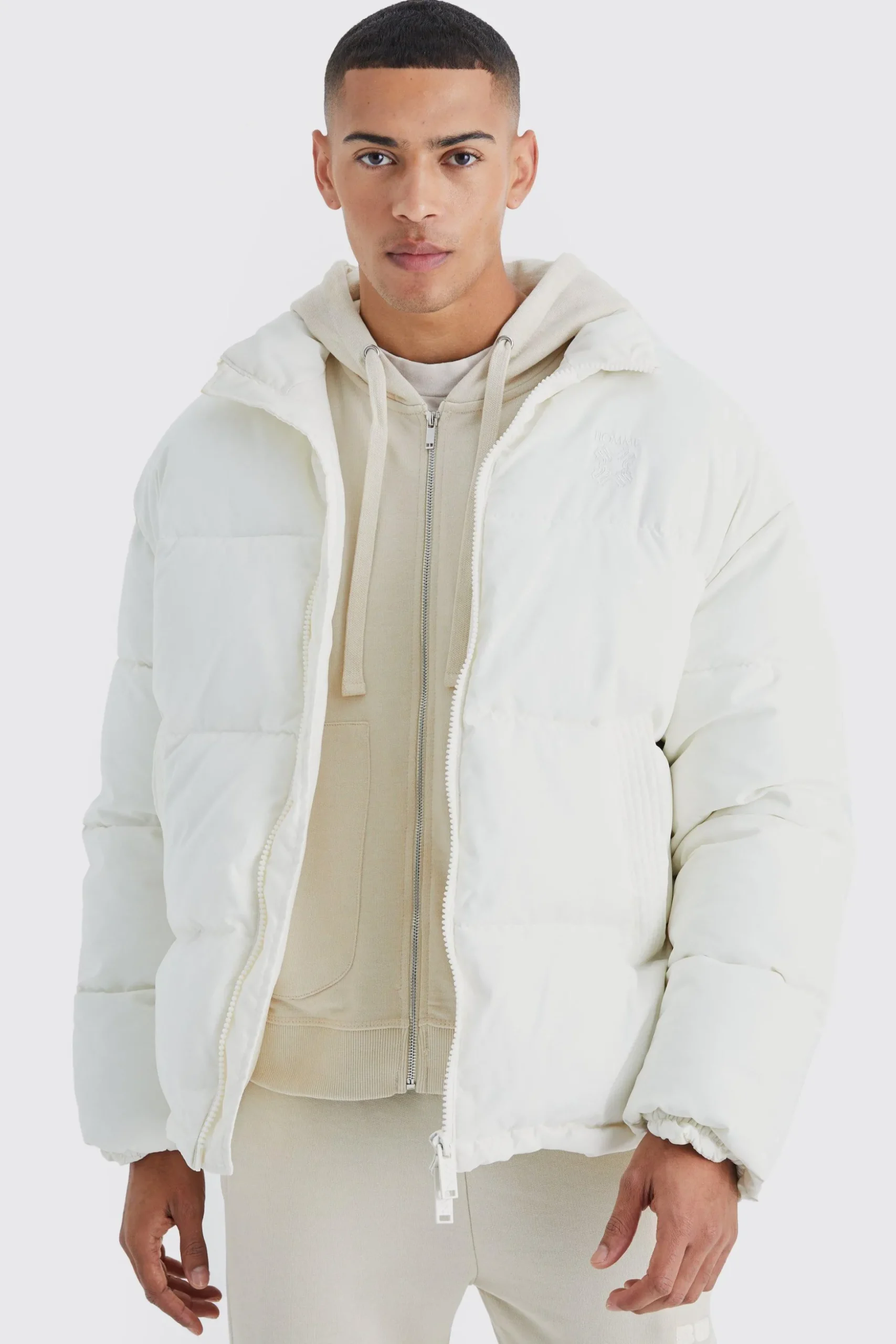 Oversized Peached Nylon Embroidered Puffer | BoohooMAN UK