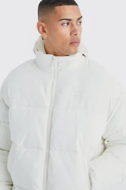 Oversized Peached Nylon Embroidered Puffer | BoohooMAN UK