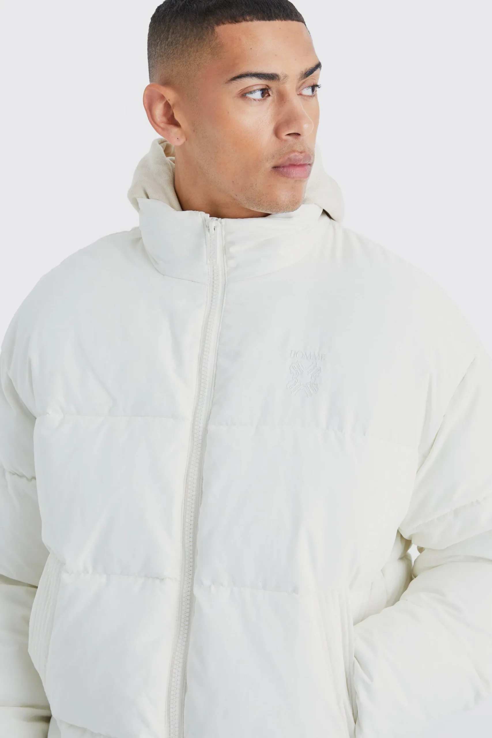 Oversized Peached Nylon Embroidered Puffer | BoohooMAN UK