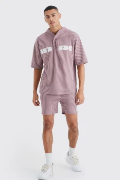 Oversized Pinstripe Baseball Polo & Short Set | BoohooMAN UK