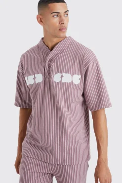 Oversized Pinstripe Baseball Polo & Short Set | BoohooMAN UK