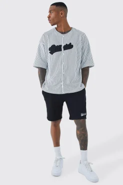 Oversized Pinstripe Baseball Shirt & Short Set | BoohooMAN UK
