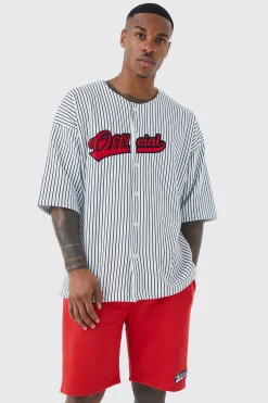 Oversized Pinstripe Baseball Shirt & Short Set | BoohooMAN UK