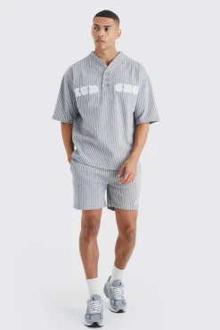 Oversized Pinstripe Baseball Polo & Short Set | BoohooMAN UK
