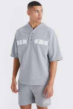 Oversized Pinstripe Baseball Polo & Short Set | BoohooMAN UK