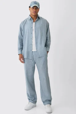 Oversized Pinstripe Shirt & Trousers Set In Black | BoohooMAN UK