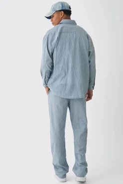Oversized Pinstripe Shirt & Trousers Set In Black | BoohooMAN UK