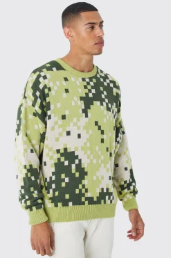 Oversized Pixelated Camo Knitted Jumper | BoohooMAN UK