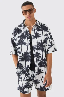 Oversized Pleated Palm Tree Print Shirt & Short Set | BoohooMAN UK