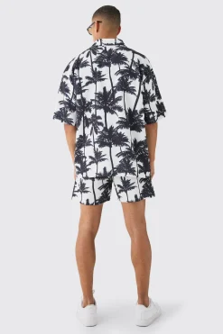 Oversized Pleated Palm Tree Print Shirt & Short Set | BoohooMAN UK
