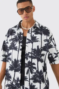 Oversized Pleated Palm Tree Print Shirt & Short Set | BoohooMAN UK