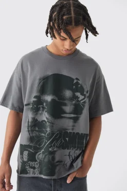 Oversized Pop Smoke Wash Raw Hem License T-Shirt | BoohooMAN UK