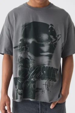 Oversized Pop Smoke Wash Raw Hem License T-Shirt | BoohooMAN UK
