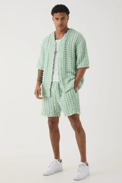 Oversized Popcorn Collarless Polo Shirt & Shorts Set | BoohooMAN UK