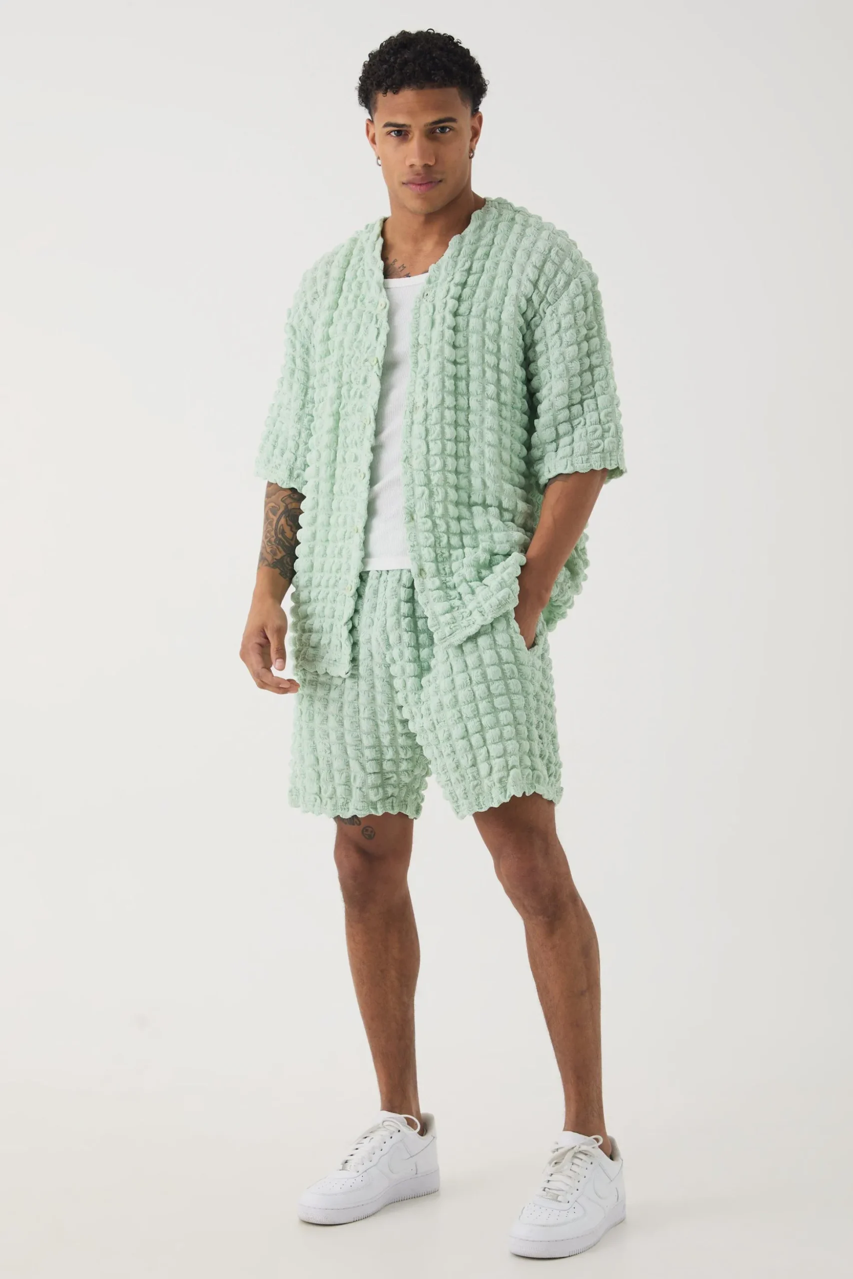 Oversized Popcorn Collarless Polo Shirt & Shorts Set | BoohooMAN UK