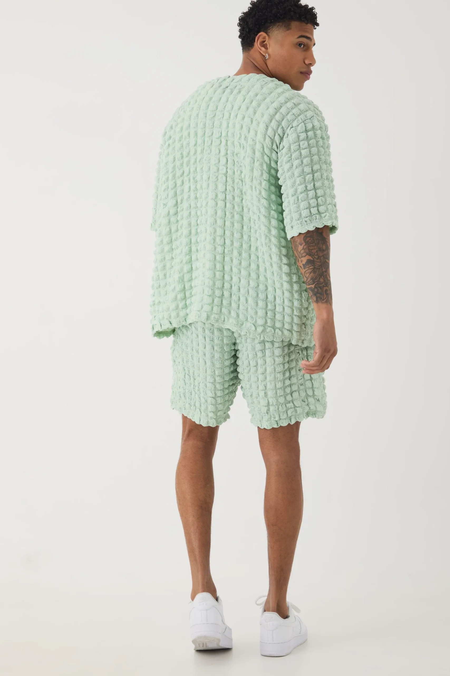 Oversized Popcorn Collarless Polo Shirt & Shorts Set | BoohooMAN UK