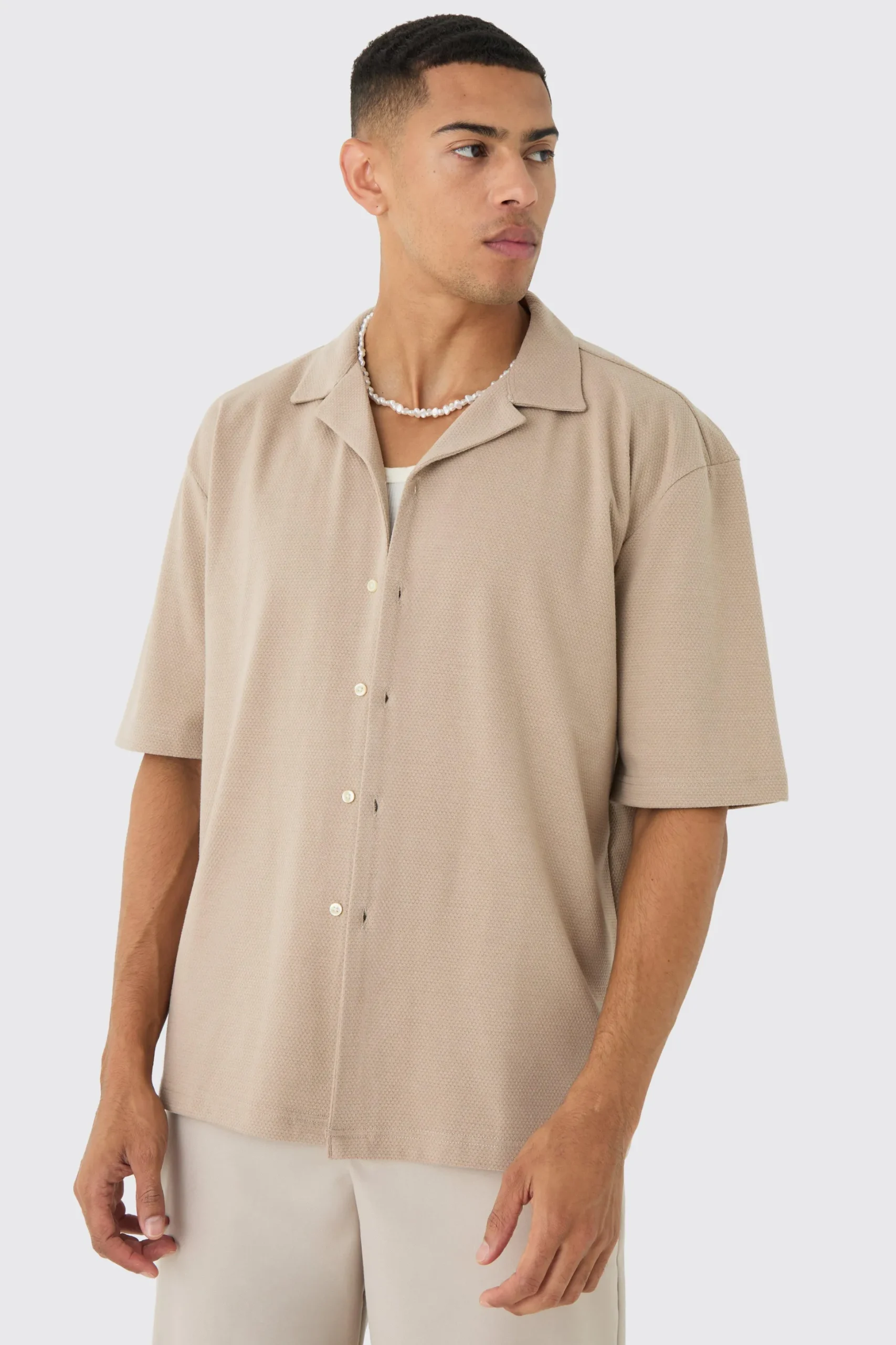 Oversized Popcorn Waffle Textured Revere Shirt | BoohooMAN UK