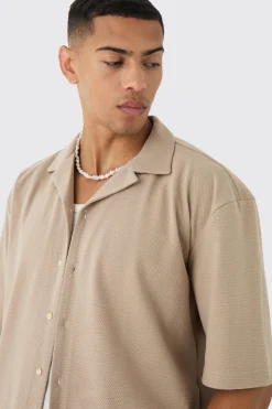 Oversized Popcorn Waffle Textured Revere Shirt | BoohooMAN UK