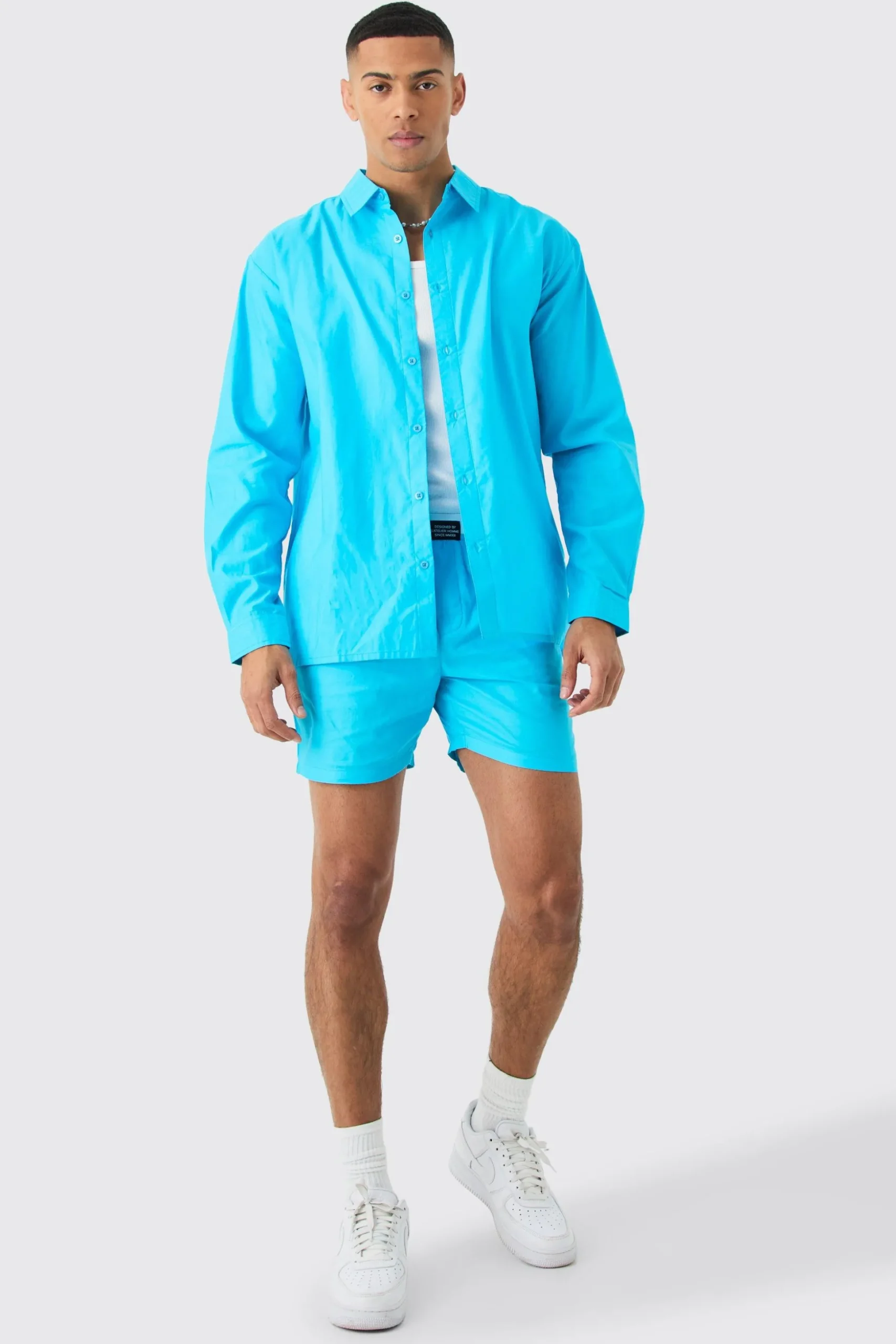 Oversized Poplin Branded Waistband Short Set | BoohooMAN UK