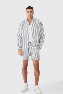 Oversized Poplin Pinstripe Branded Waistband Short Set | BoohooMAN UK