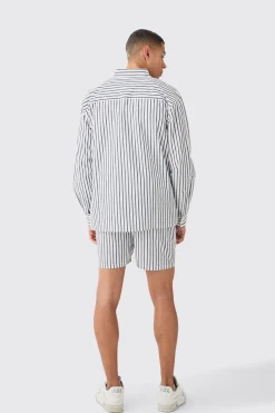 Oversized Poplin Pinstripe Branded Waistband Short Set | BoohooMAN UK