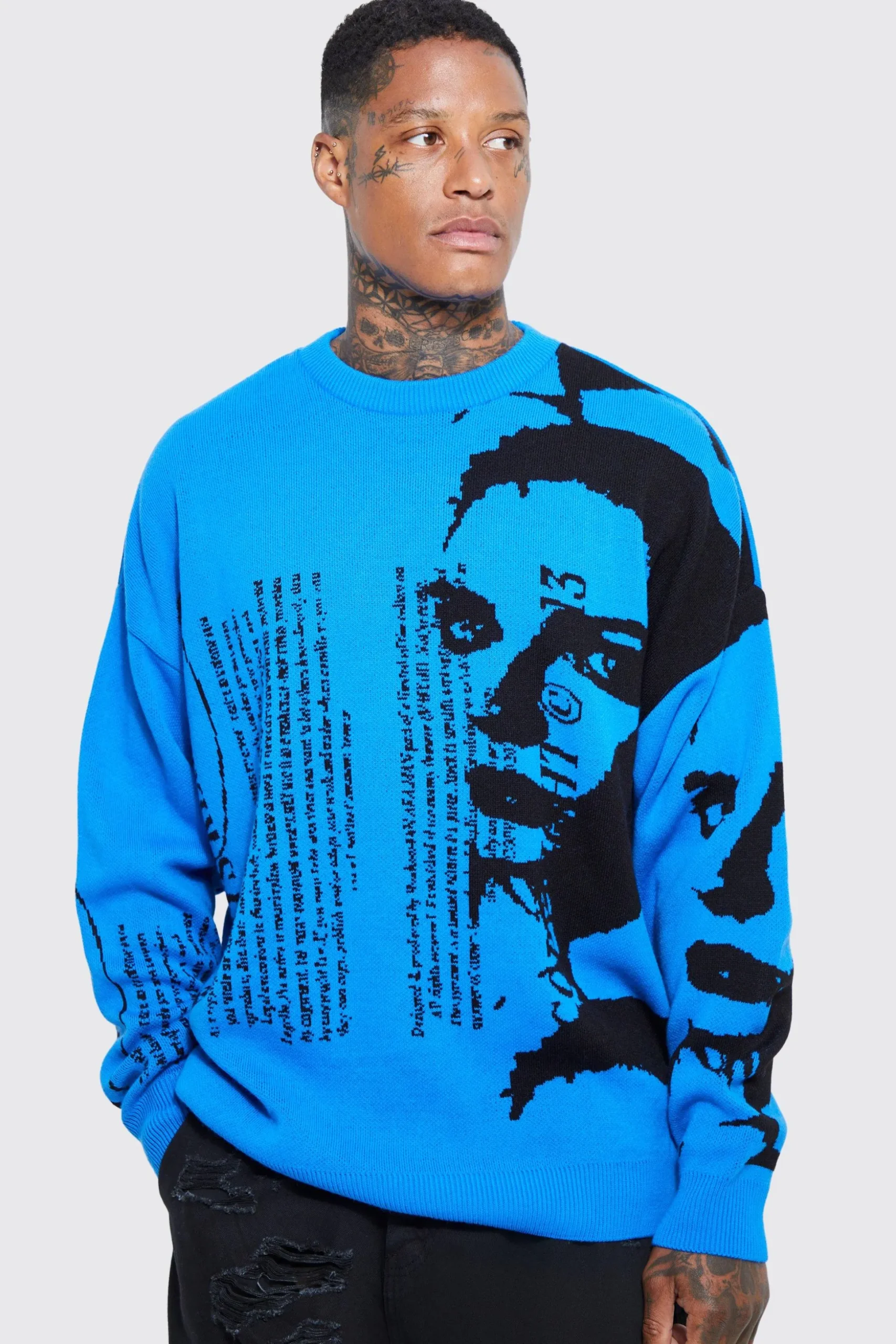 Oversized Portrait Text Knitted Jumper | BoohooMAN UK