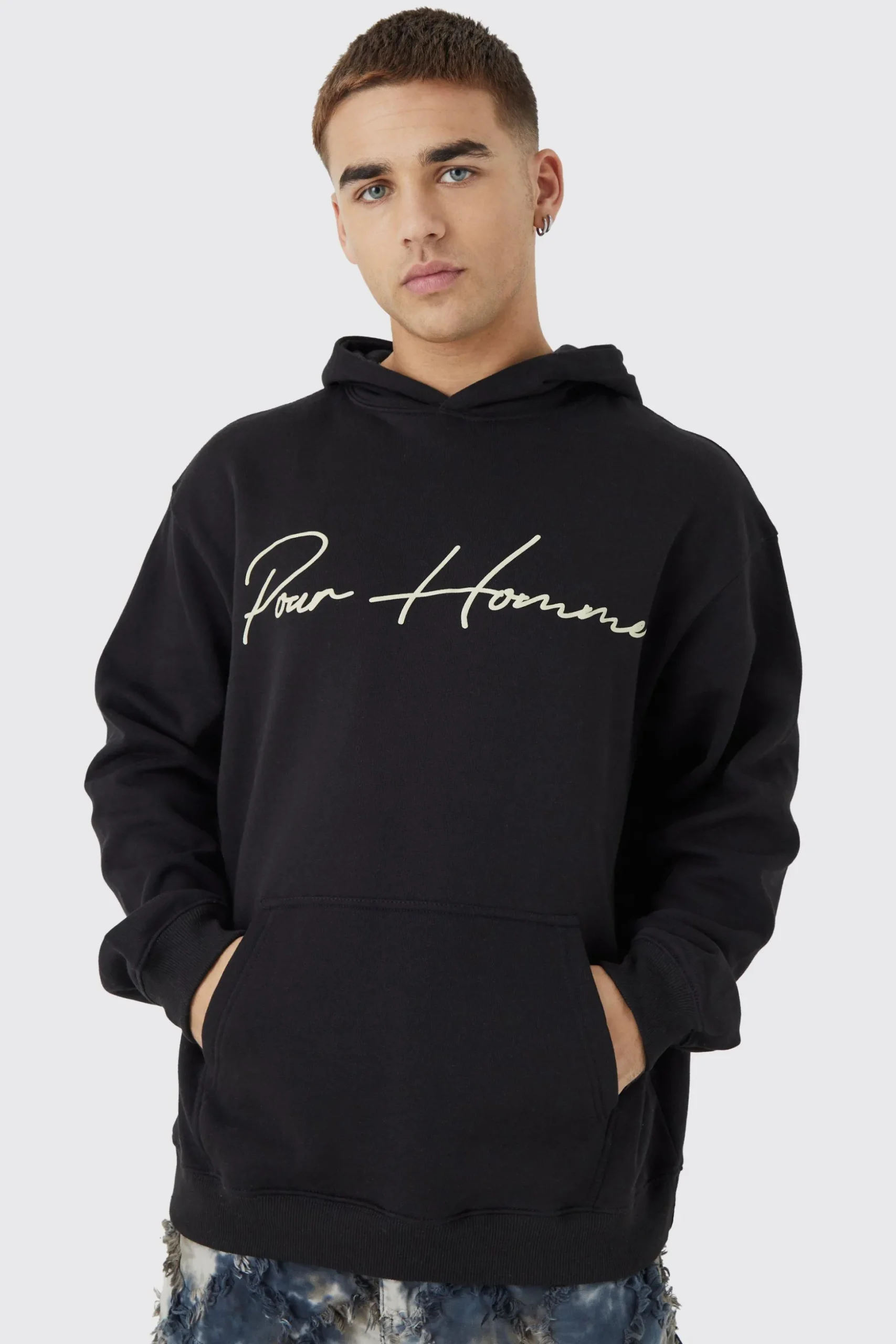 Oversized Pour Homme Puff Print Hoodie | BoohooMAN UK