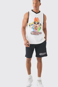 Oversized Powerpuff Girls License Mesh Vest And Short Set | BoohooMAN UK