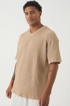 Oversized Premium Jacquard V Neck T-shirt | BoohooMAN UK