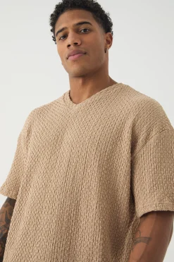 Oversized Premium Jacquard V Neck T-shirt | BoohooMAN UK