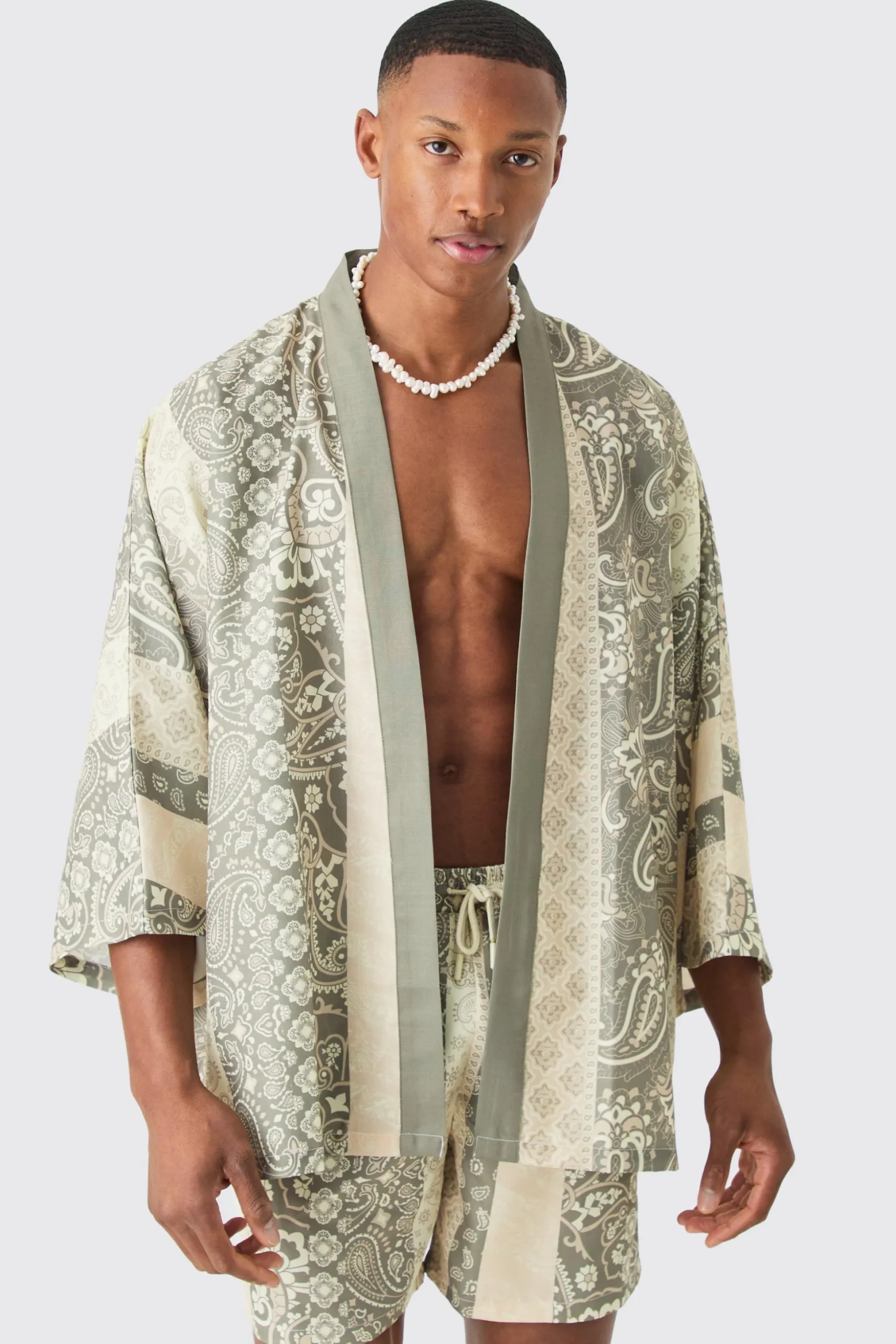 Oversized Printed Kimono Shirt And Swim Short Set | BoohooMAN UK