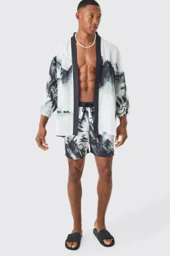 Oversized Printed Kimono Shirt And Swim Short Set | BoohooMAN UK