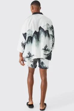 Oversized Printed Kimono Shirt And Swim Short Set | BoohooMAN UK