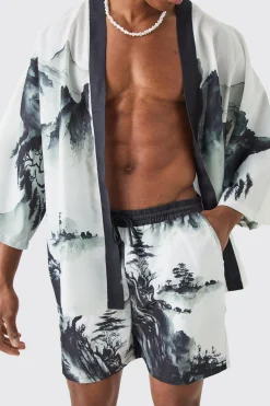 Oversized Printed Kimono Shirt And Swim Short Set | BoohooMAN UK
