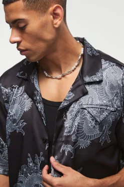 Oversized Printed Satin Revere Triangle Pocket Shirt | BoohooMAN UK