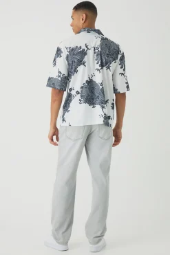 Oversized Printed Satin Revere Triangle Pocket Shirt | BoohooMAN UK