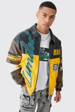 Oversized PU Badge Moto Jacket | BoohooMAN UK