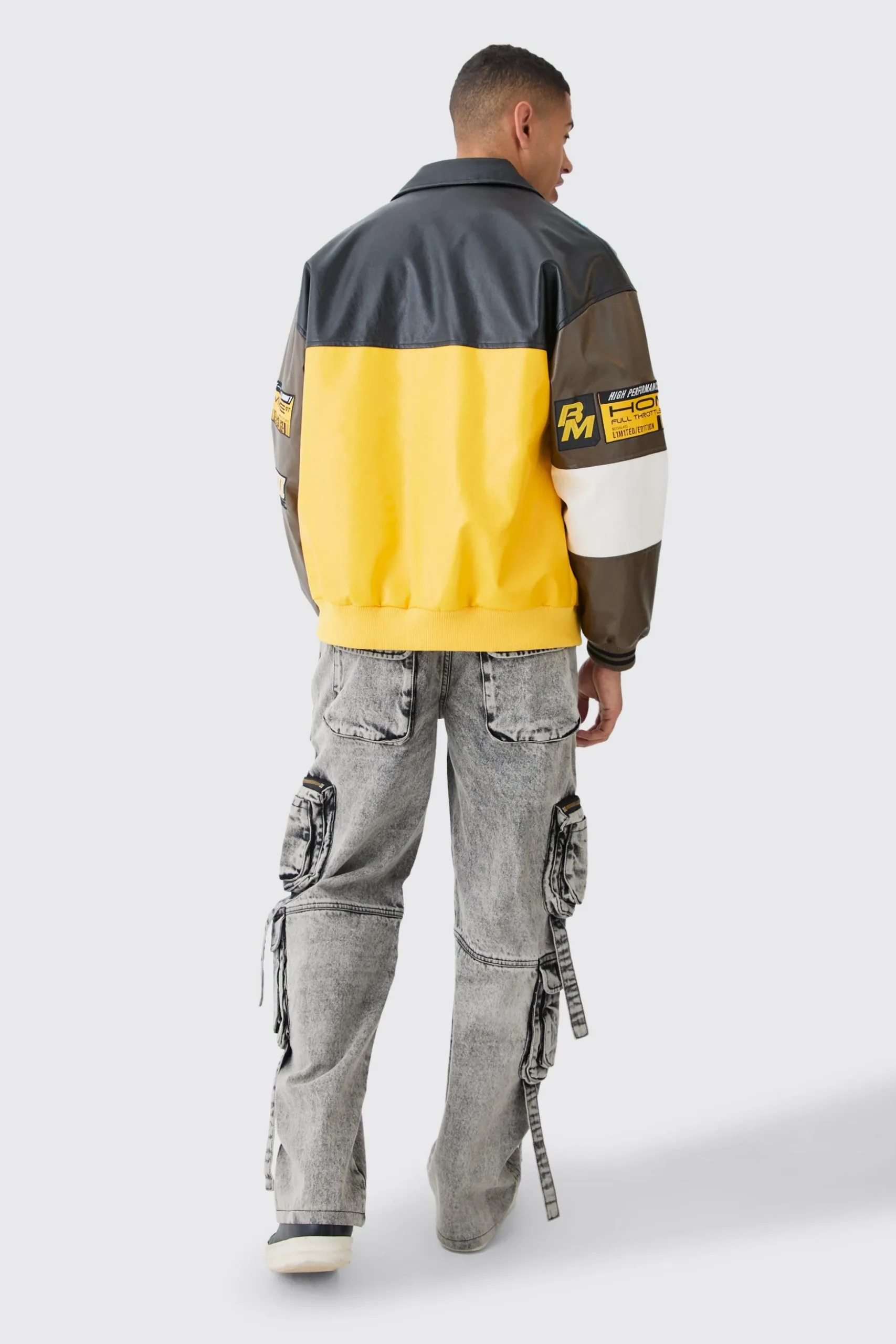 Oversized PU Badge Moto Jacket | BoohooMAN UK