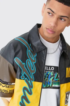 Oversized PU Badge Moto Jacket | BoohooMAN UK