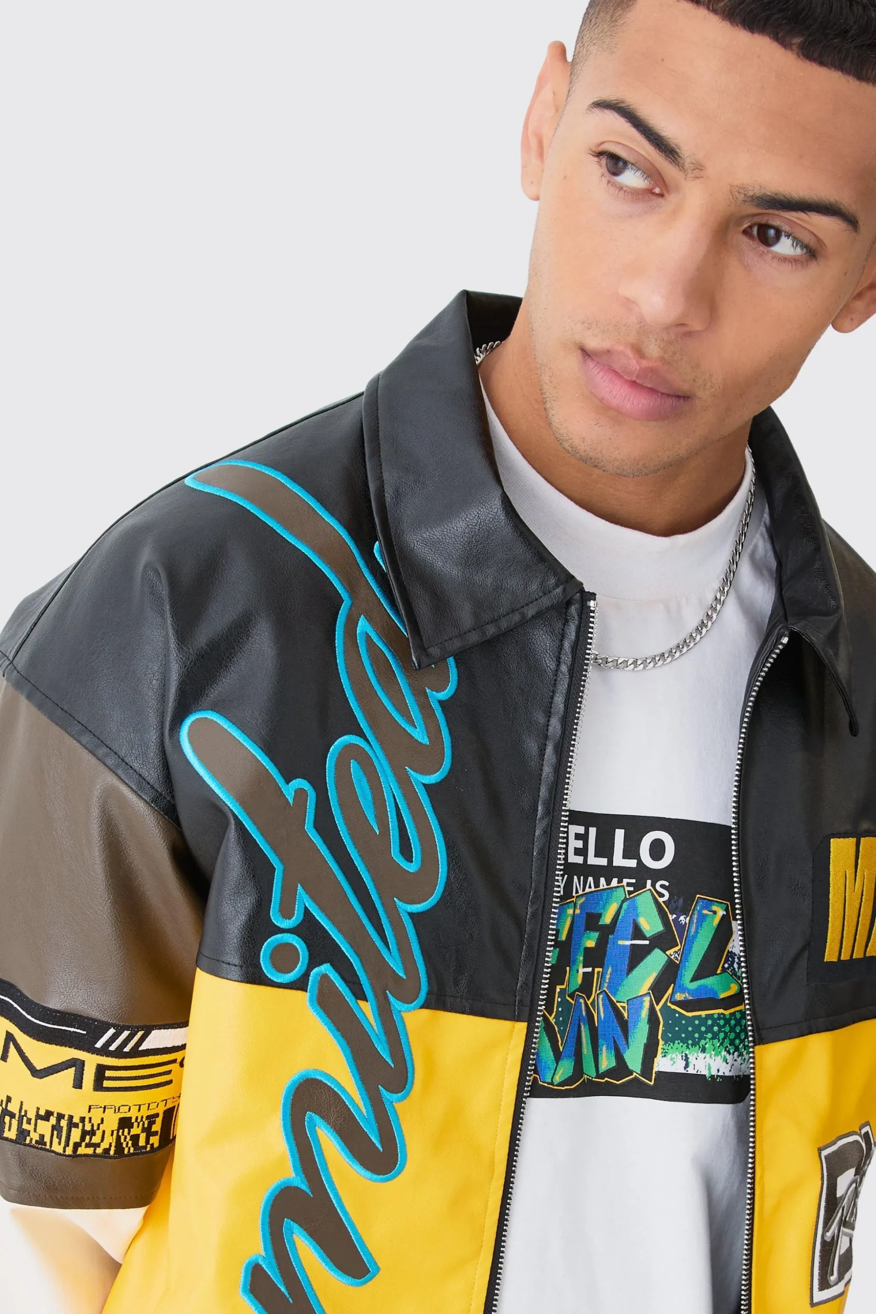 Oversized PU Badge Moto Jacket | BoohooMAN UK