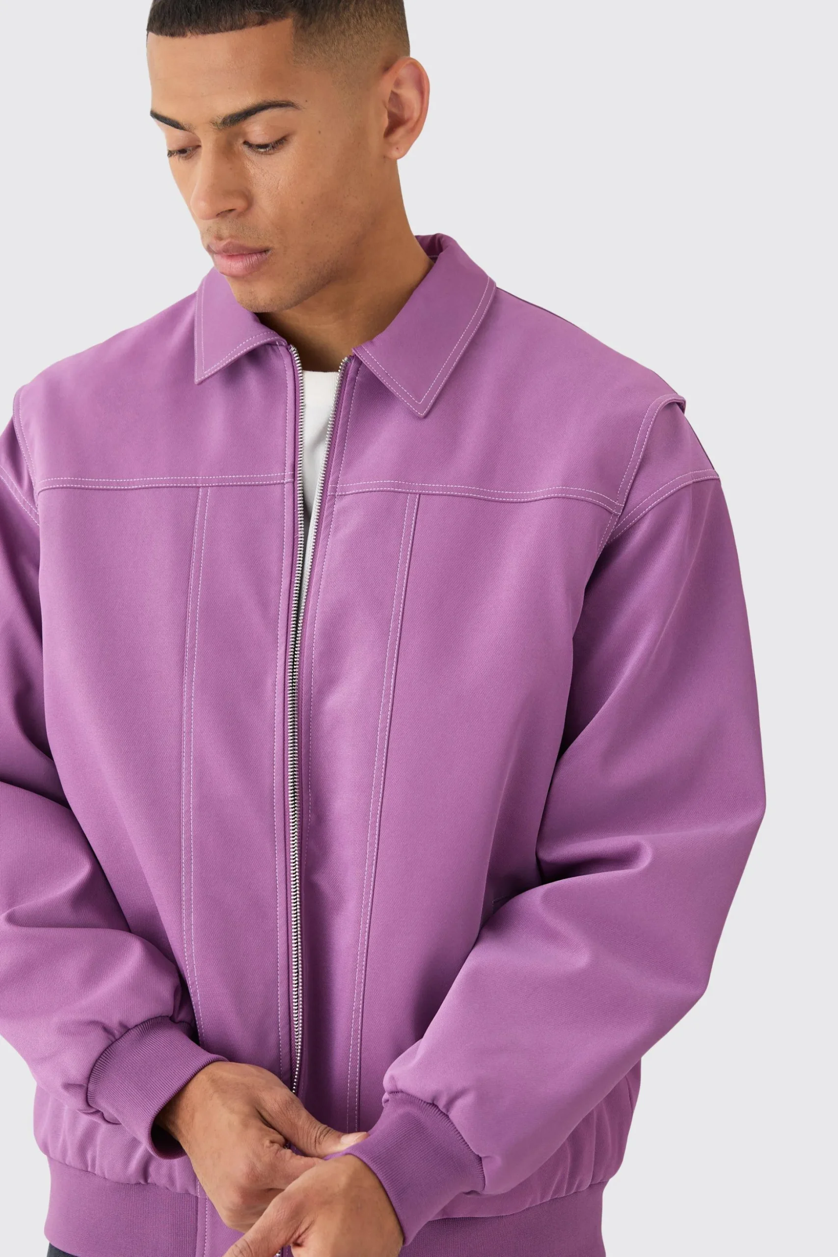 Oversized Pu Panel Detail Bomber In Pink | BoohooMAN UK