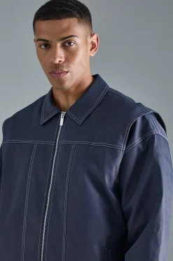Oversized Pu Panel Detail Bomber In Navy | BoohooMAN UK