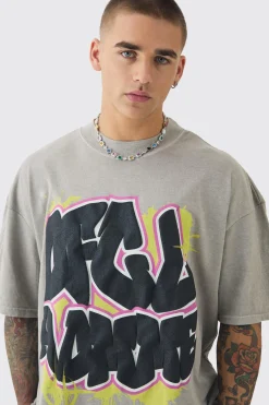 Oversized Puff Print Graffiti Washed T-shirt | BoohooMAN UK